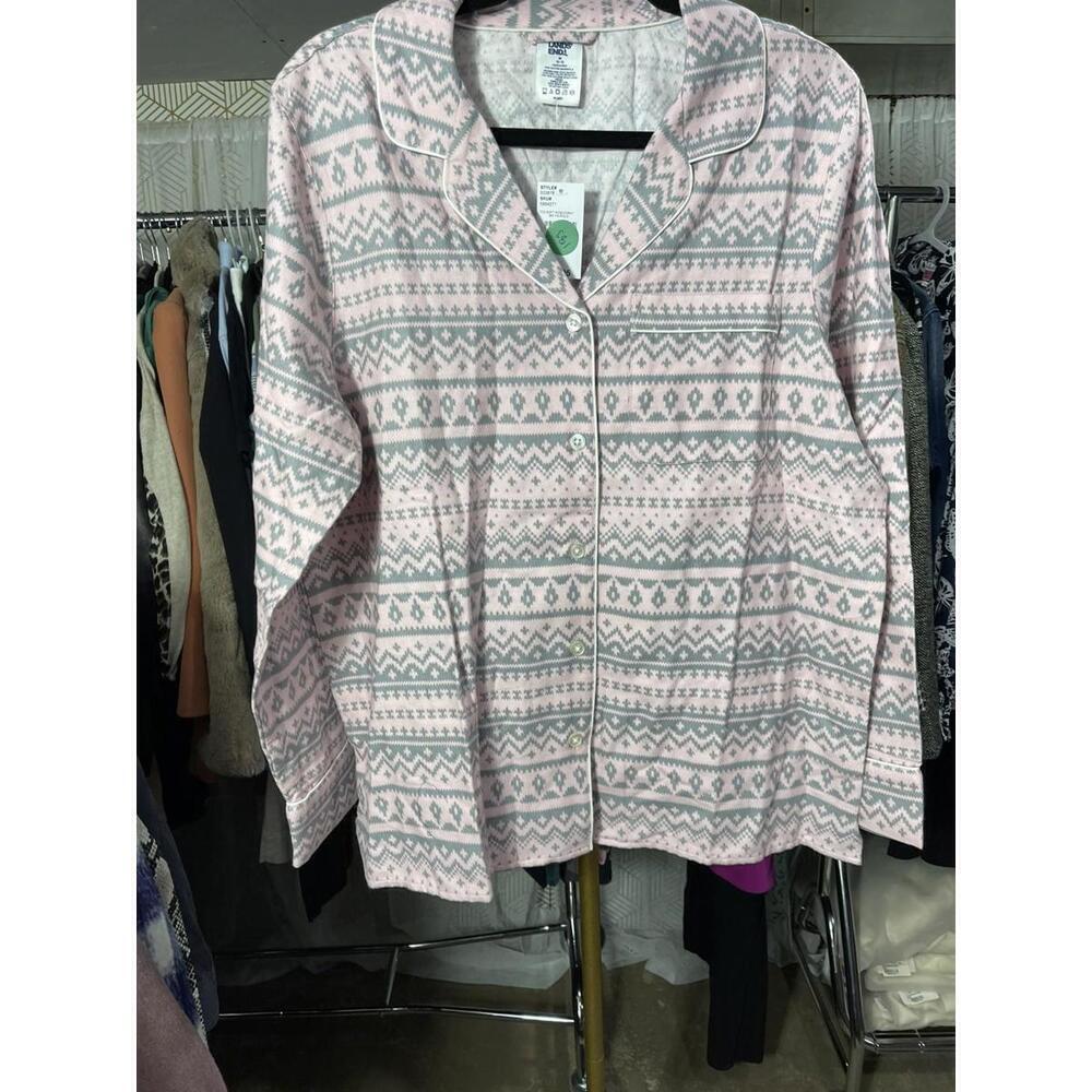 NWT $58 LANDS END FLANNEL PAJAMA PATTERN PJ SLEEP TOP SHIRT ROSE/GRAY MED 10-12